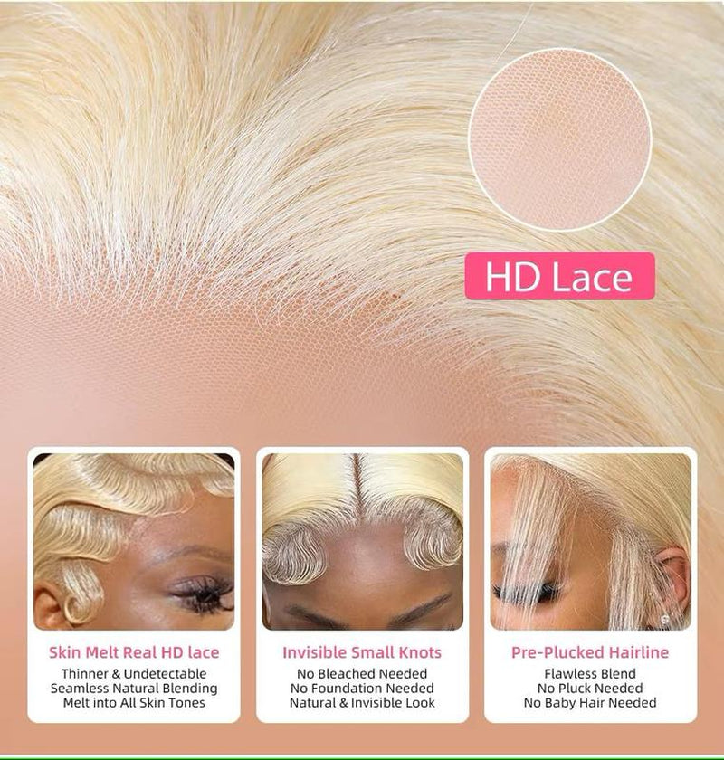 613 Blonde Straight Bob 13x4 HD Transparent Lace Front Wig - 200% Density Human Hair, Colored Wig