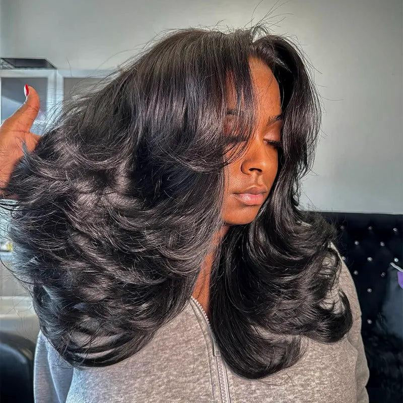 Black Butterfly Cut Face-Framing Peacock Curls 13X6 Glueless Wig - 250% Density Human Hair