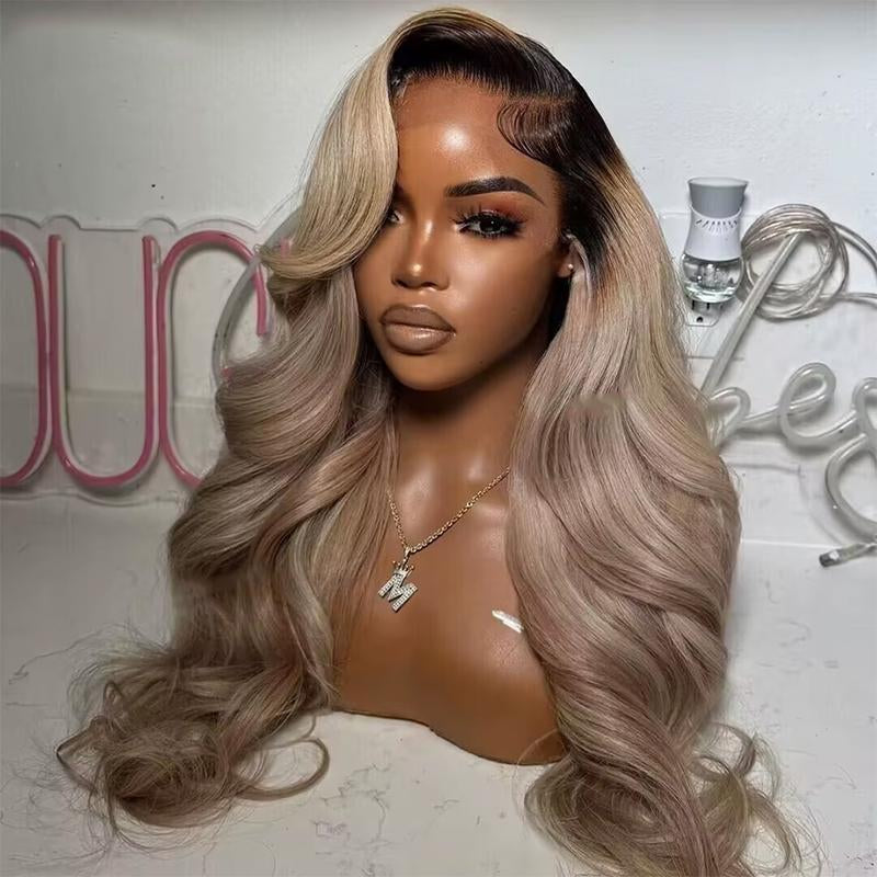 Milk Tea Ombre Ash Blonde Body Wave 13x6 HD Transparent Lace Front Wig - 180% Density Human Hair, Colored Wig