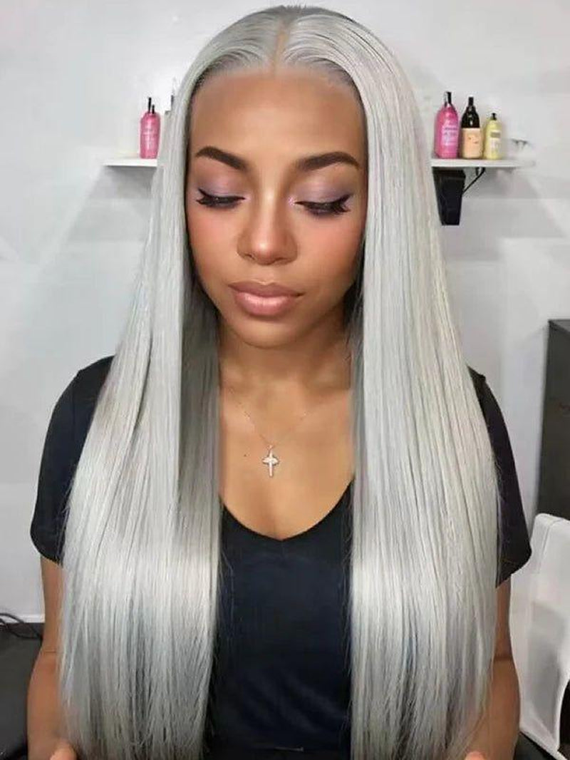 Silver Grey Straight 13x6 HD Transparent Lace Front Wig - 180% Density Human Hair, Colored Wig