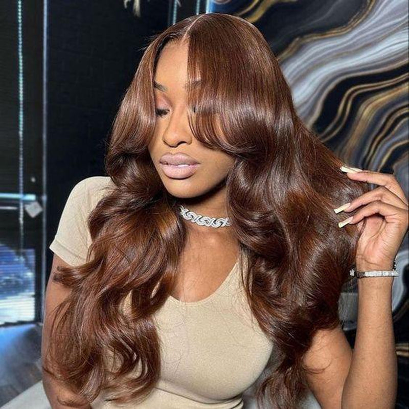 Chocolate Brown Straight and Body Wave 13X6 HD Transparent Lace Front Wig - 180% Density Human Hair, Colored Wig