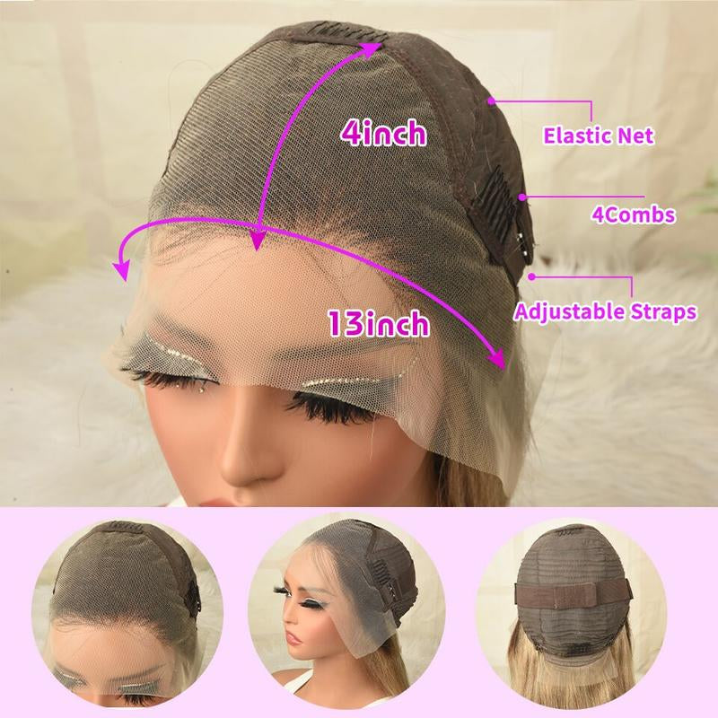 Ash Blonde Straight with Bangs 13x4 HD Transparent Lace Front Wig - 200% Density Human Hair, Colored Wig