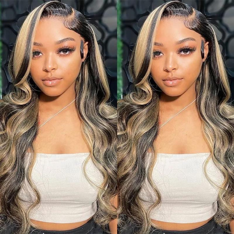 Blonde Balayage on Black Body Wave and Deep Wave 13x6/13x4 HD Transparent Lace Front Wig - 200% Density Human Hair, Colored Wig