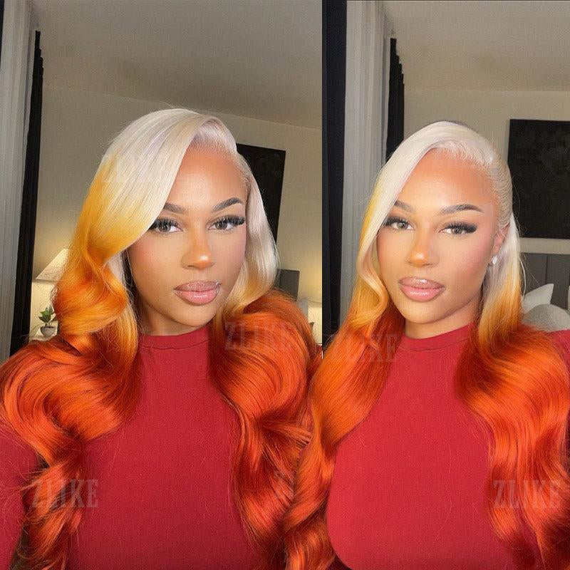 613 Blonde Ombre Highlight Ginger Orange 13X4 HD Transparent Lace Front Wig - 180% Density Human Hair, Colored Wig