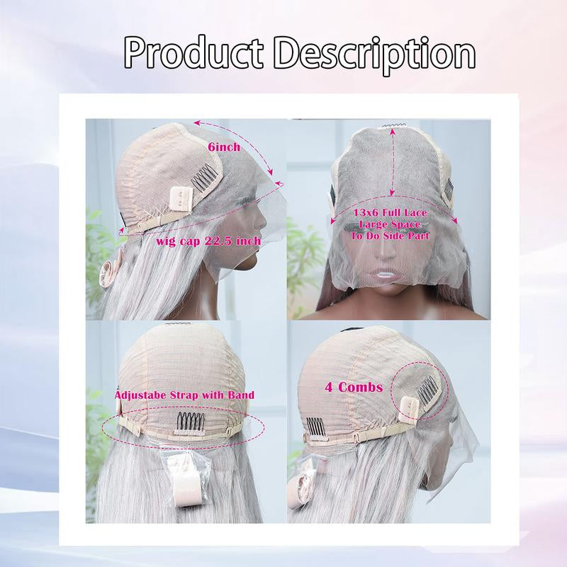 Silver Grey Straight 13x6 HD Transparent Lace Front Wig - 180% Density Human Hair, Colored Wig