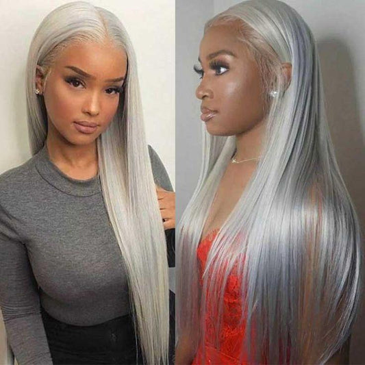 Silver Grey Straight 13x6 HD Transparent Lace Front Wig - 180% Density Human Hair, Colored Wig