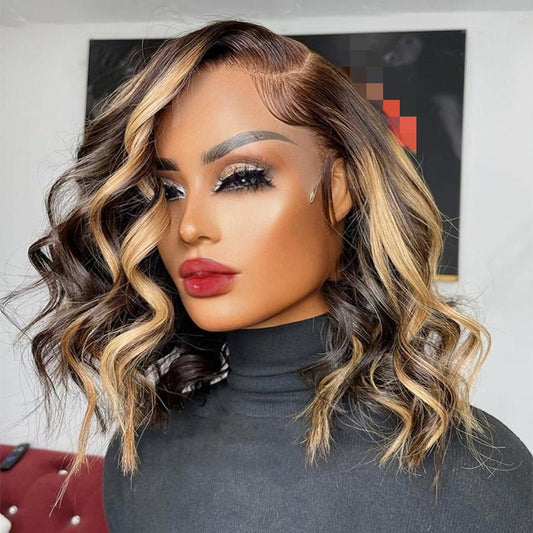 Highlight Curly Bob 13x4 HD Transparent Lace Front Wig - 180% Density Human Hair, Colored Wig