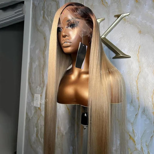 Ash Blonde Straight 13x4 HD Transparent Lace Front Wig - 200% Density Human Hair, Colored Wig