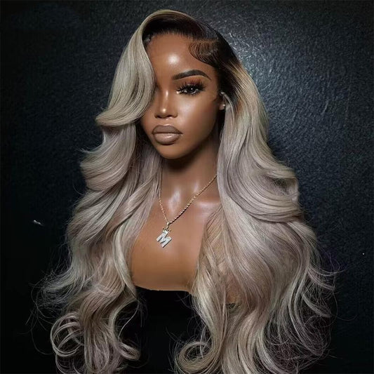 Milk Tea Ombre Ash Blonde Body Wave 13x6 HD Transparent Lace Front Wig - 180% Density Human Hair, Colored Wig