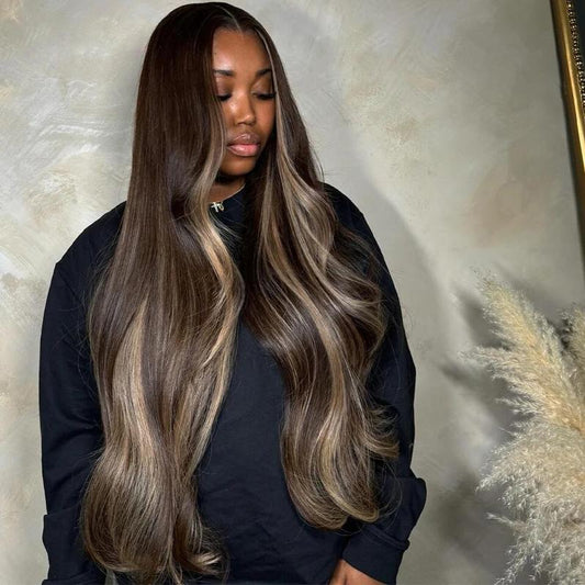 Brown Blonde Highlights Body Wave 13x6 HD Transparent Lace Front Wig - 180% Density Human Hair, Colored Wig