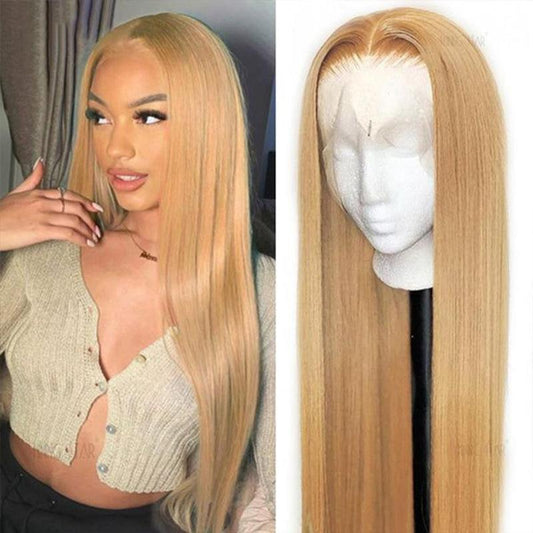 27# Honey Blonde Straight 13X6 HD Transparent Lace Front Wig - 180% Density Human Hair, Colored Wig