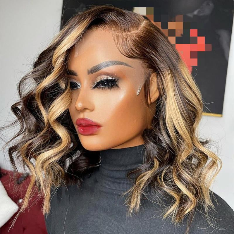 Highlight Curly Bob 13x4 HD Transparent Lace Front Wig - 180% Density Human Hair, Colored Wig