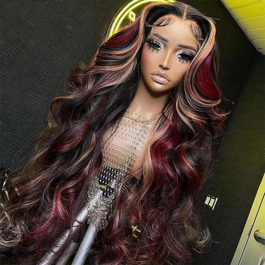 Black Red Burgundy Highlight 13x4 HD Transparent Lace Front Wig - 180% Density Human Hair, Colored Wig