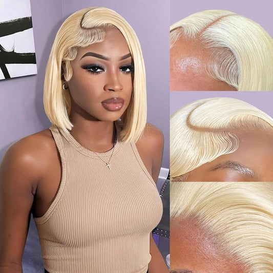 613 Blonde Straight Bob 13x4 HD Transparent Lace Front Wig - 200% Density Human Hair, Colored Wig