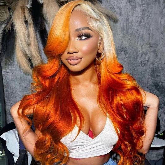 613 Blonde Ombre Highlight Ginger Orange 13X4 HD Transparent Lace Front Wig - 180% Density Human Hair, Colored Wig