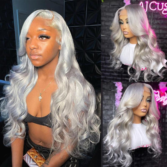 Ice Grey Body Wave 13x4 HD Transparent Lace Front Wig - 180% Density Human Hair, Colored Wig