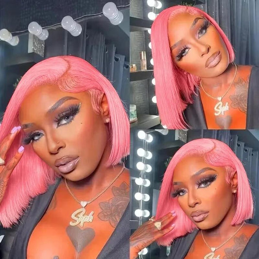 Pink Straight Bob 13X4 Lace Front Wig - 150% Density Human Hair, Colored Wig