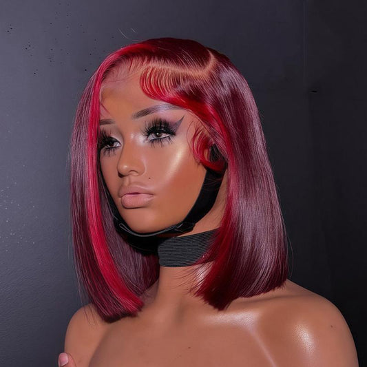 Highlight Red 99J Straight Bob 13x4 HD Transparent Lace Front Wig - 180% Density Human Hair, Colored Wig